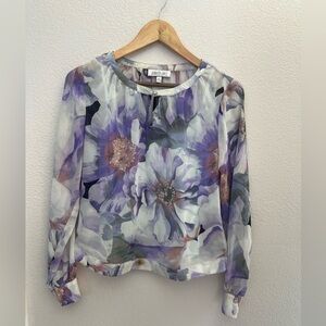 Jennifer Lopez Sheer Purple Floral Long Sleeve Blouse Size XS career wear office